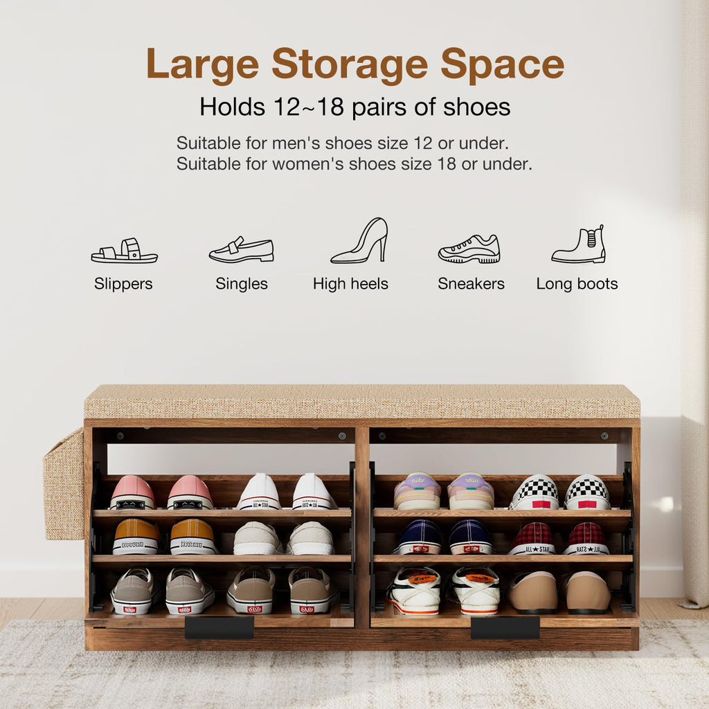 40'' Shoe Storage Bench, Entryway Bench with Shoe Storage & 2 Flip Drawer & Seat Cushion, Rattan Hidden Shoe Rack