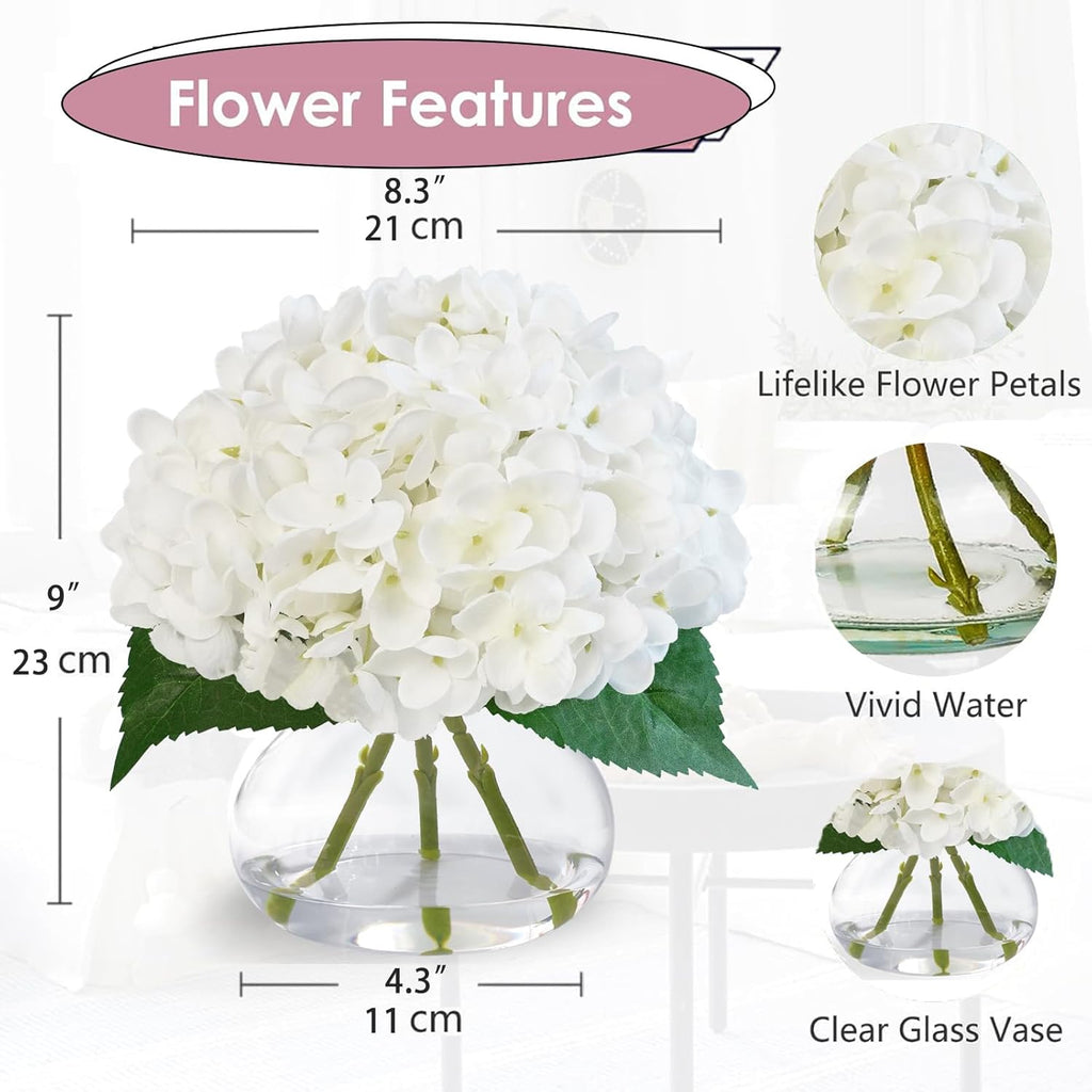 Hydrangea Artificial Flowers in Glass Vase, White Silk Fake Flowers Silk Centerpiece Table Decorations, Coffee Table