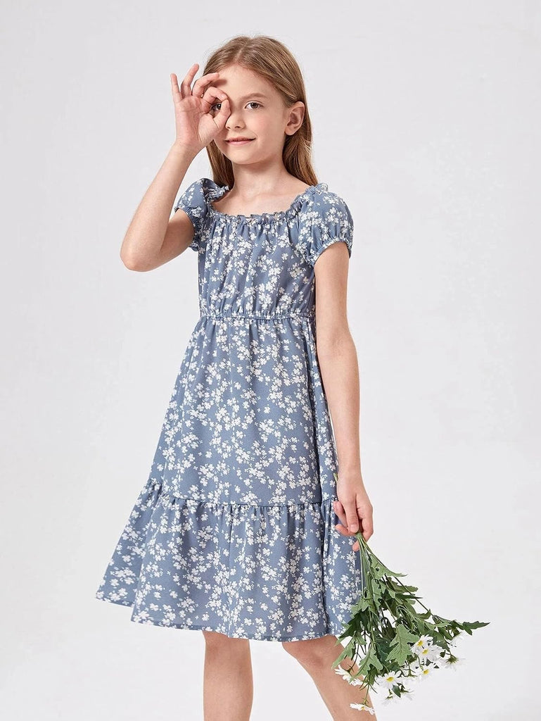 Summer Dress Kids Floral Puff Sleeve Smocked Midi Dresses
