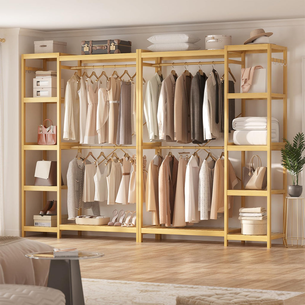 Bamboo Clothing Rack with 7 Adjustable Shelves, 2 Hang Rods