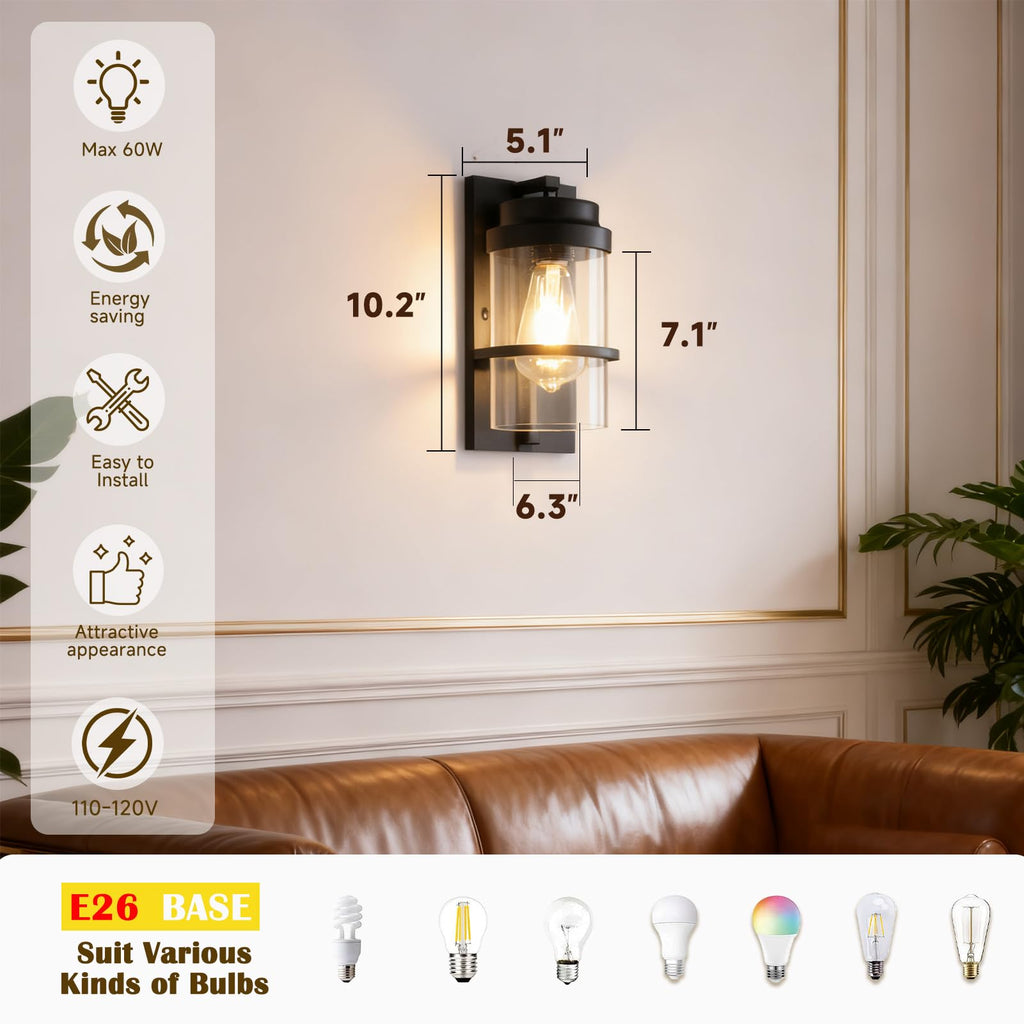 Modern Farmhouse Black Wall Sconce,Glass Wall Light Fixture,E26