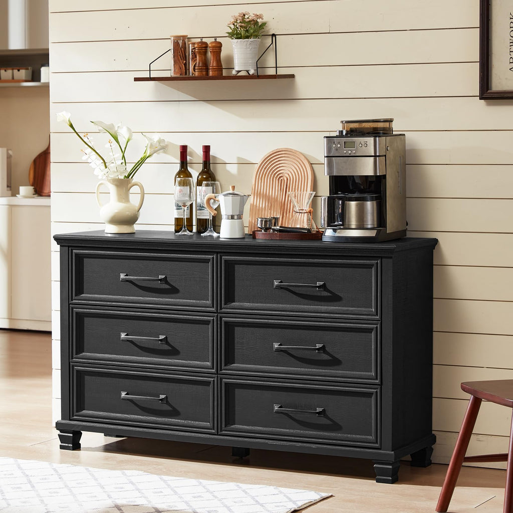 Farmhouse Black 6 Drawer Dresser, 54 inch Wide Vintage Large Chest of Drawers with Square Wood Legs, Rustic TV