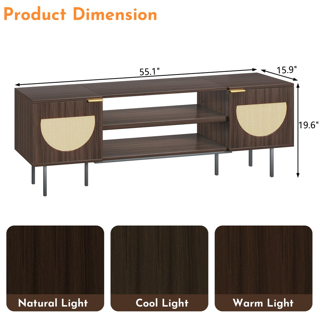 TV Stand for 55/60/65 inch TV, Modern Entertainment Center with Storage, Rattan TV Stands with 2 Cabinets &