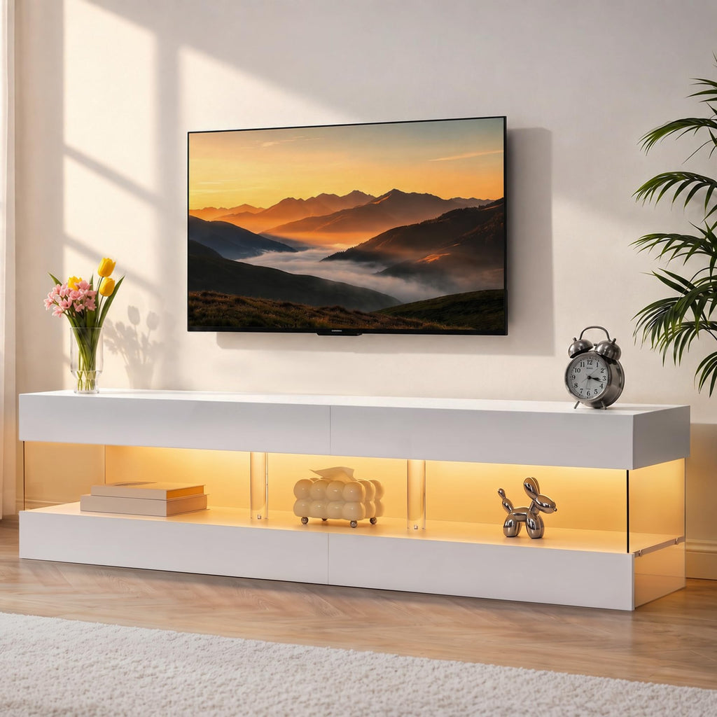 LED White TV Stand for 75 Inch TV, Entertainment Center, TV Console