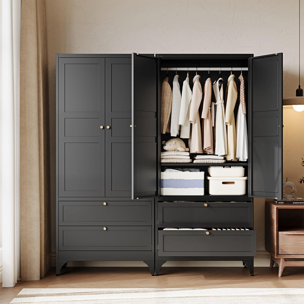 Metal Armoire Wardrobe Closet with Drawers, Clothing Storage Cabinet with Doors and Shelves, Coat Closet with Hanging