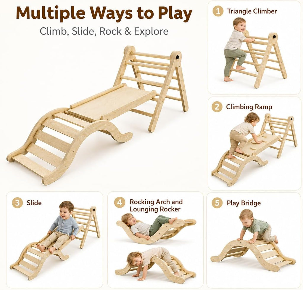 Wooden Toddler Climbing Set Indoor, in-1 Foldable Climber Playset with Triangle Ladder, Arch, Ramp and Slide, Birch