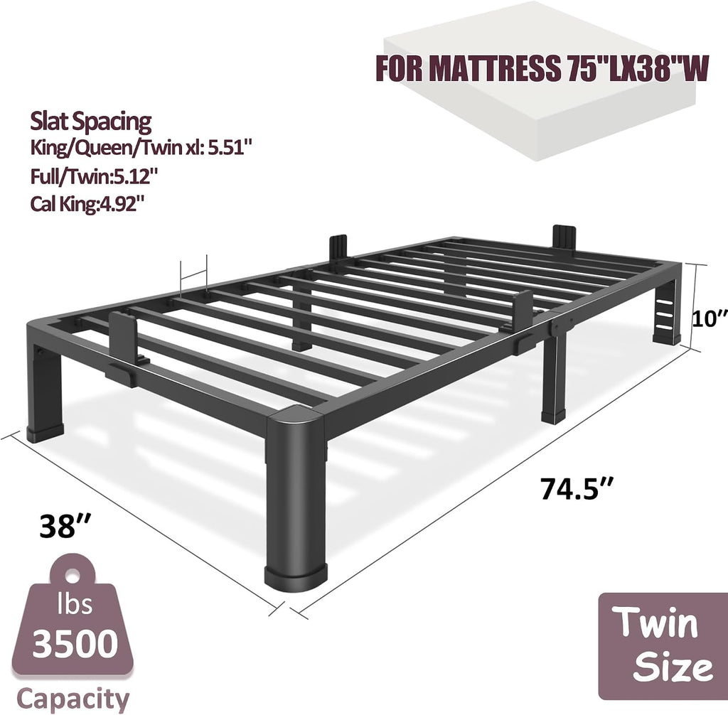 10 Inch Low Bed Frame with Round Corner Legs, 3500 LBS Heavy Duty Low Profile Metal Platform, Steel