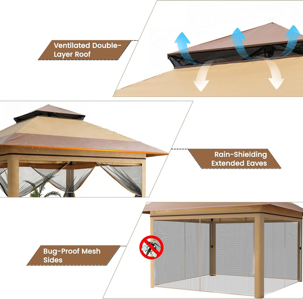 13x13 Pop Up Gazebo, Instant Outdoor Gazebo with Mosquito Netting, Vented Roof and Carry Bag - Beige & Coffee