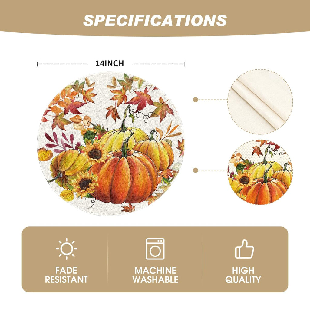 Pumpkins Maple Leaves Round Fall Placemats Set of 4-14 Inch
