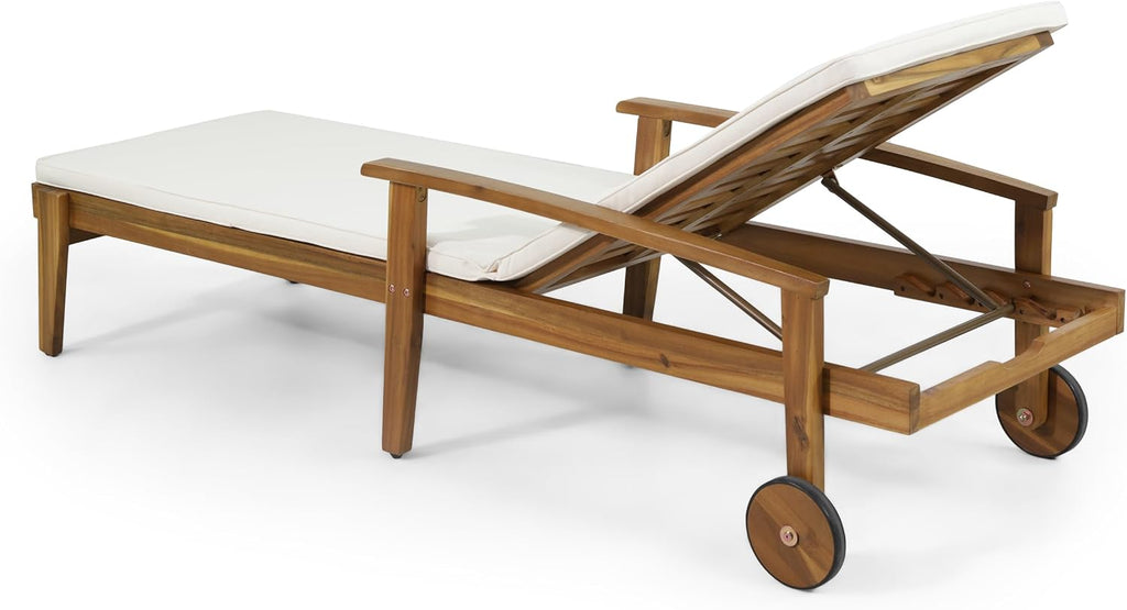 Acacia Wood Outdoor Chaise Lounge, Adjustable Reclining Patio Chair with Cushions, Modern Thin Slat Design, Durable