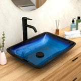 22"×14.25" Vessel Sink, Bathroom Sink Above Counter Amber Blue Gradient Tempered Glass Bowl Square Sink for