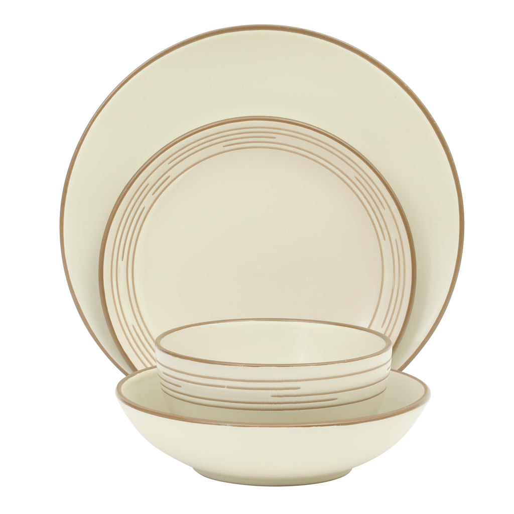 Chiswick House 16-Piece Stoneware Dinnerware Set, Round Plates and Bowls Set for 4, White with Wax Relief Embossed