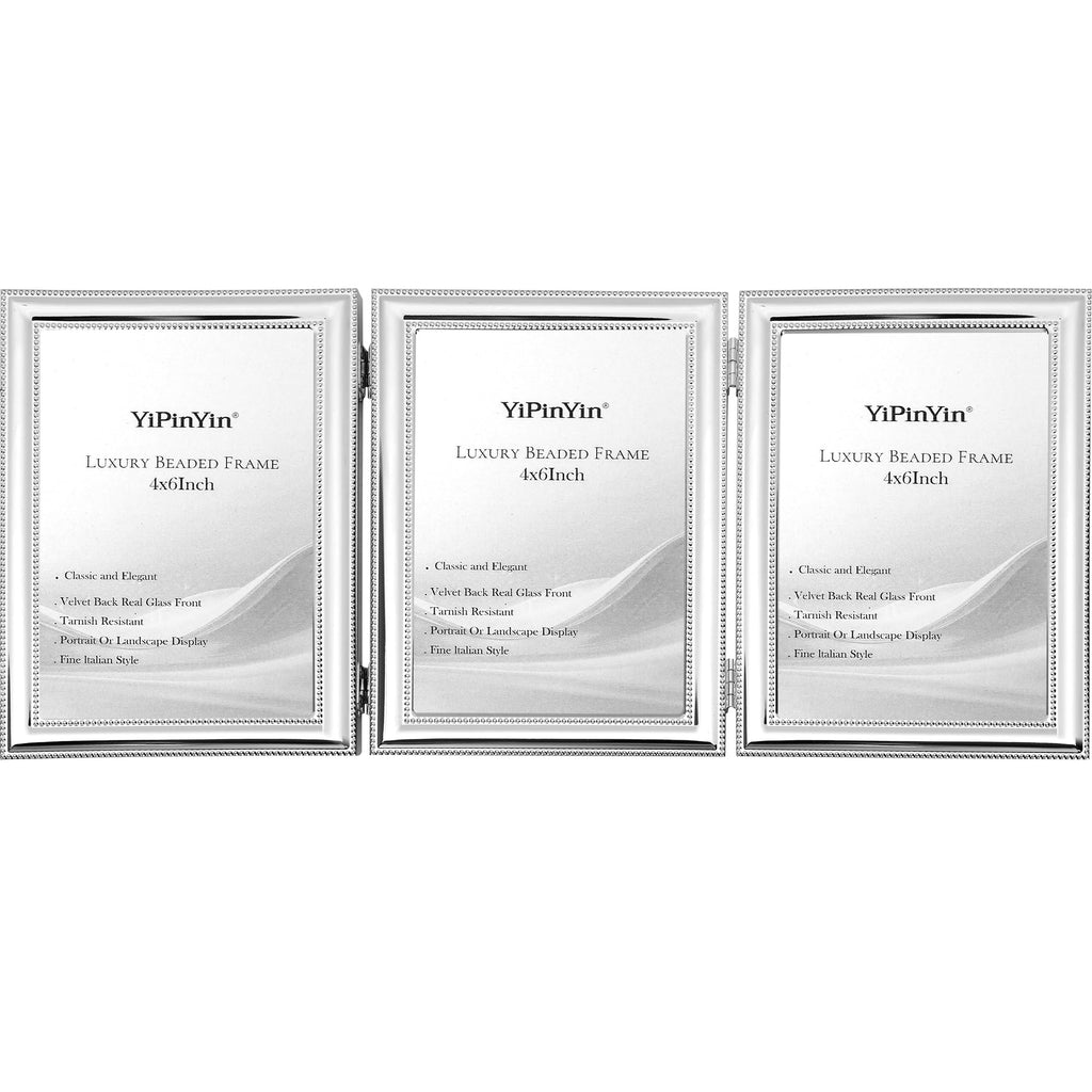 Elegant Silver Plated 5x7'' Hinged Triple Metal Picture Frame, 3-5x7'' Mutli College Frames with Classic Beaded