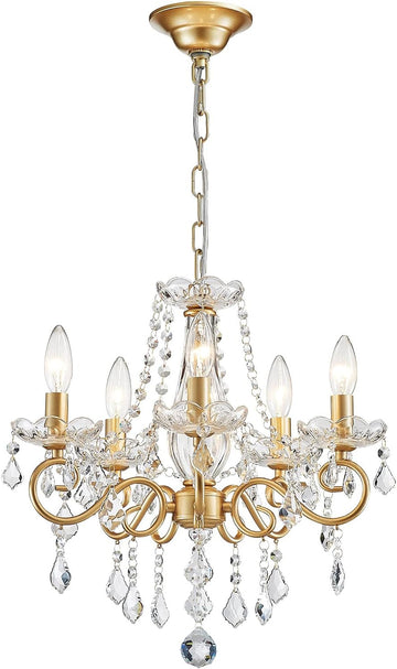 Mini Crystal Chandelier K9 Crystal Lighting Chandelier for Living Room 5 E12 Bulbs High 16.5 in x Diameter 16.9 in, Golden A110-B0BLL7LVKQ