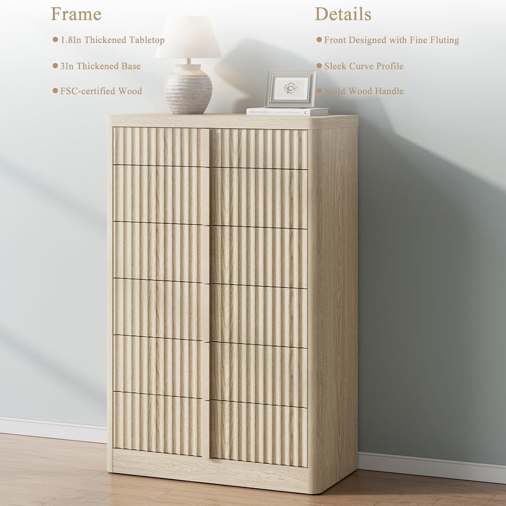 Fluted Dresser , 48" Tall 6 Drawer Dressers, Modern Chest of Drawers with Solid Wood Handle, Curved Profile Design