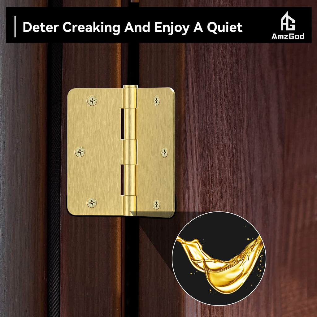 Door Hinges Satin Brass - 3 Pack Gold Door Hinges 3.5 Inch Rounded Interior Door Hinge with 1/4" Radius - 3 1/2