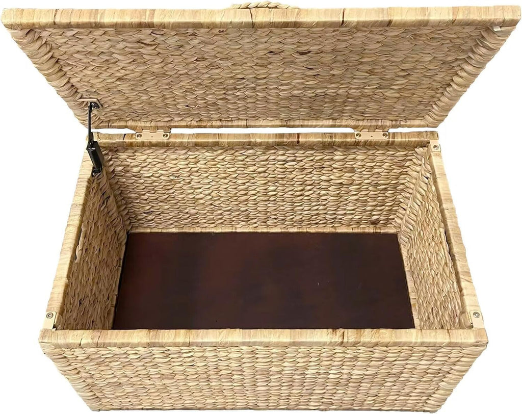 Water Hyacinth Wicker Storage Trunk, Natural, 30x17.5x17.5 Inches | Safety Hinge, Metal Frame, Decorative Blanket