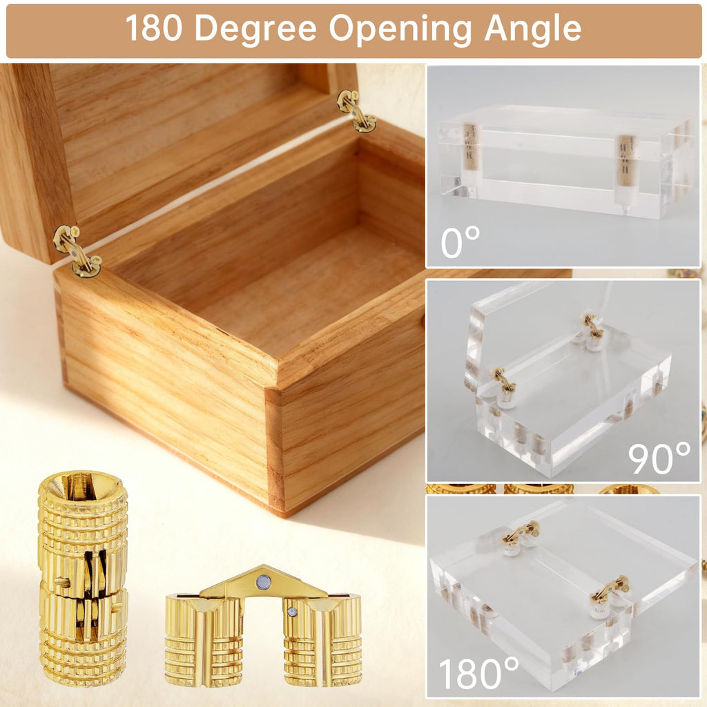 6Pcs 8 mm Hidden Brass Barrel Hinges, 180 Degree Concealed Hinge for Wood