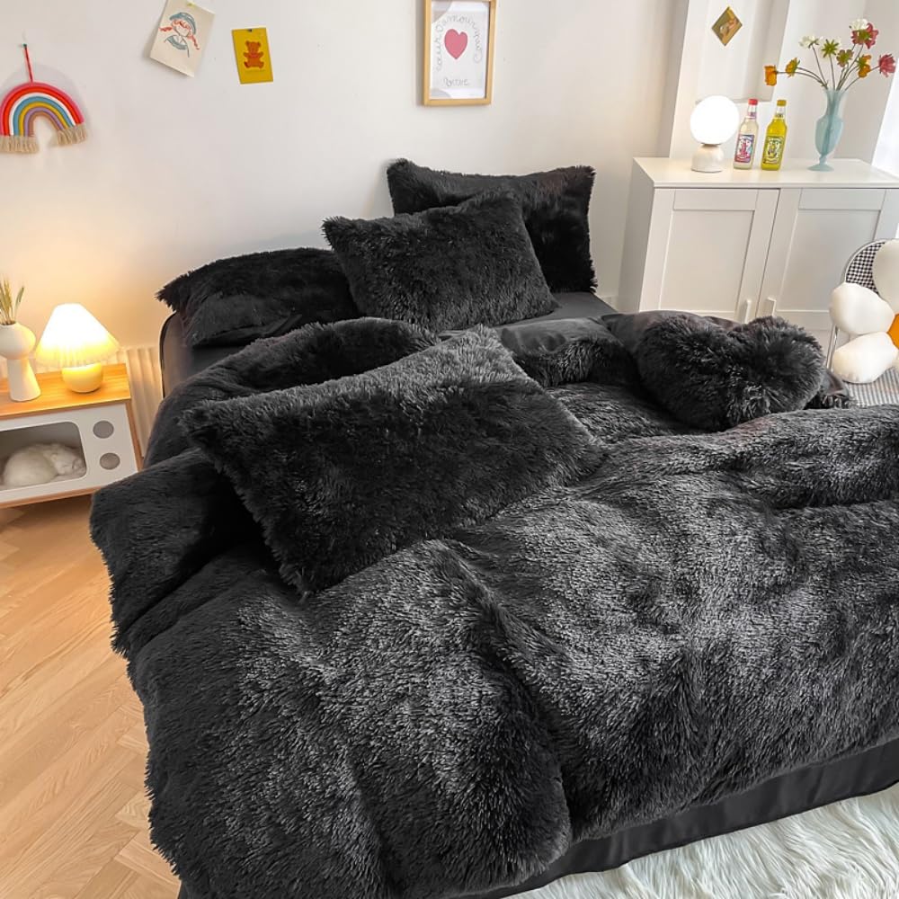 Faux Fur Plush Black Comforter Sets King - Ultra Soft Shaggy Flannel Velvet Fluffy Fuzzy 3PC Bedding Set (Comforter x