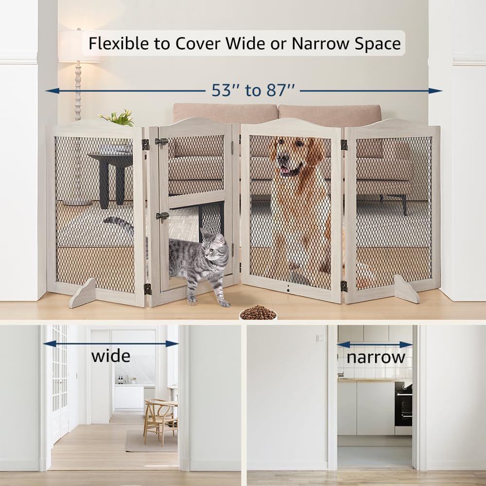 Freestanding Dog Gate with Cat Door for Indoor Doorways Stairs