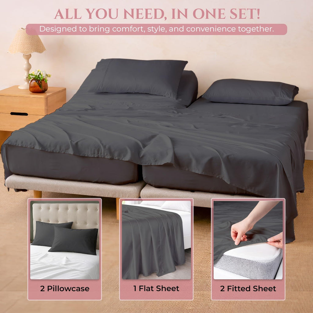 5 Pcs Split King Sheets Sets for Adjustable Beds, 100% Certified Giza Egyptian Cotton, Soft & Luxurious Sheets fits