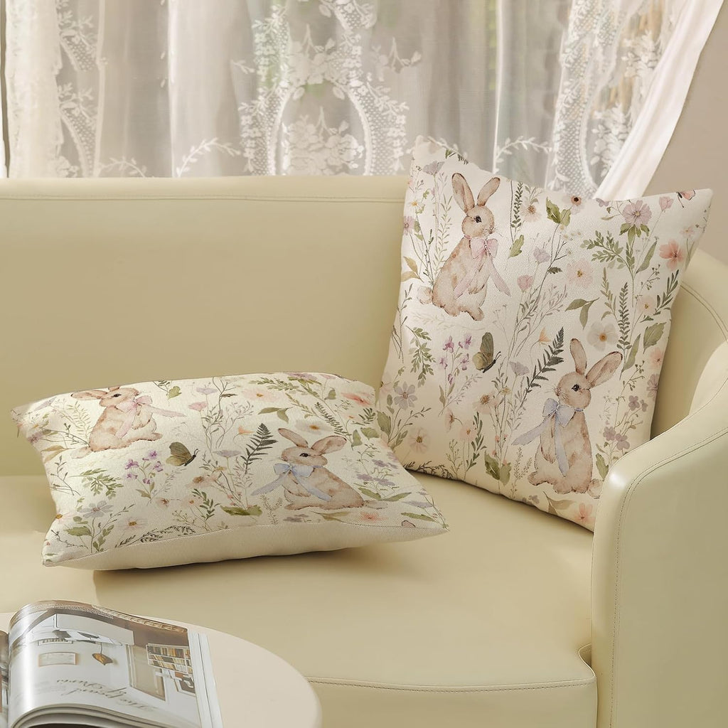 Spring Easter Pillow Covers 18x18 Inch Botanical Watercolor Floral Bunny Throw Pillows Flower Rabbit - Set of 2