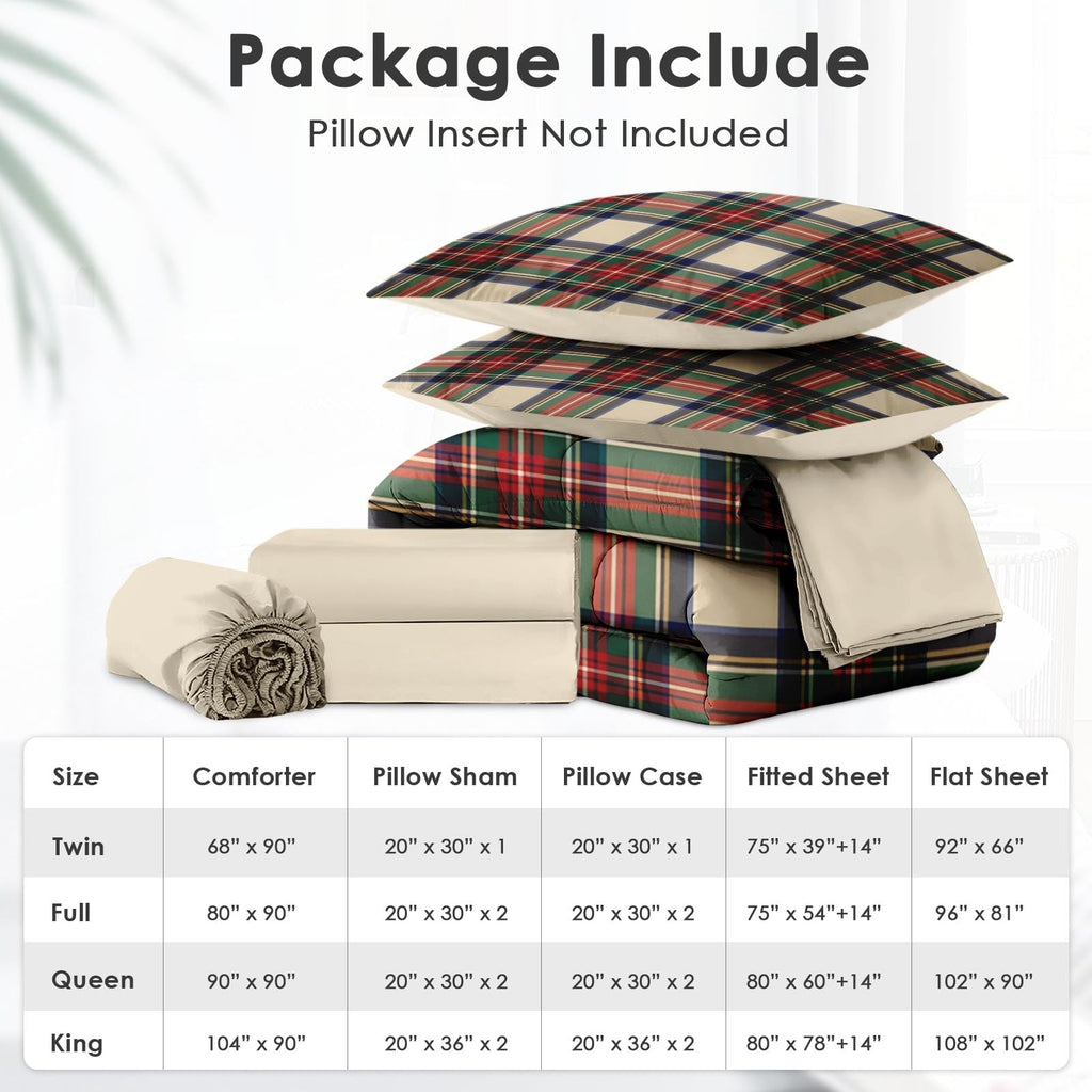 Comforter Set with Sheets, 5 Pieces Plaid Tartan Bedding