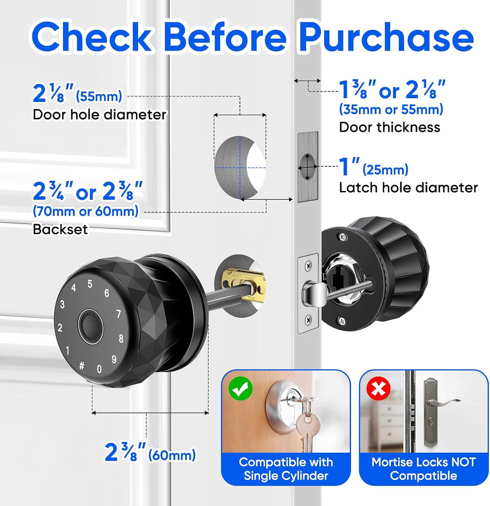 Smart Door Knob Fingerprint Door Lock with Keypad,6 in 1 to Unlock