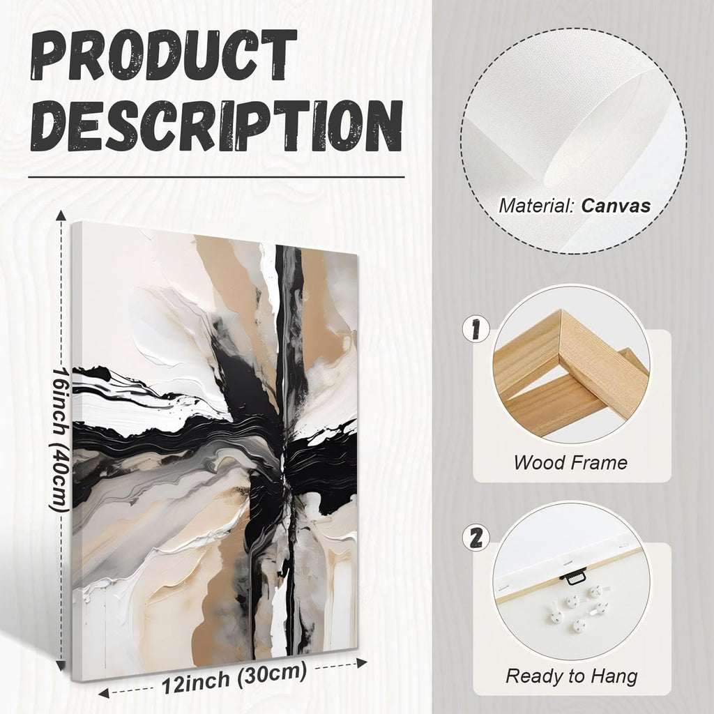Framed Black and Brown Abstract Geometric Canvas Wall Art Modern Grey White Beige Print Poster Set of 3 Painting