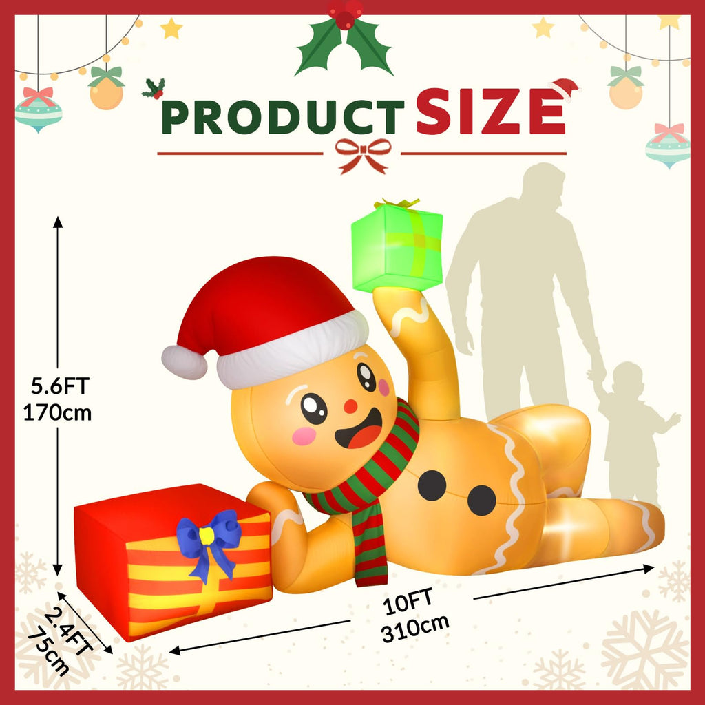10 FT Christmas Inflatable Outdoor Decoration, Lying Gingerbread Inflatable Christmas Blow up Yard Decorations with