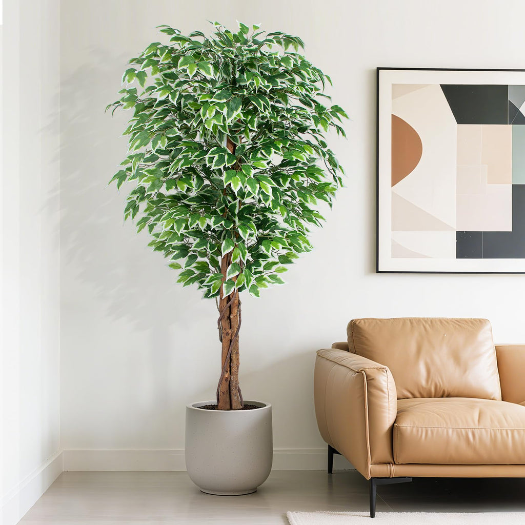 6.2ft Ficus Artificial Trees with 3 Natural Curved Trunks, 74" Tall Lush Faux Tree Decor Indoor, Green Lifelike Fake