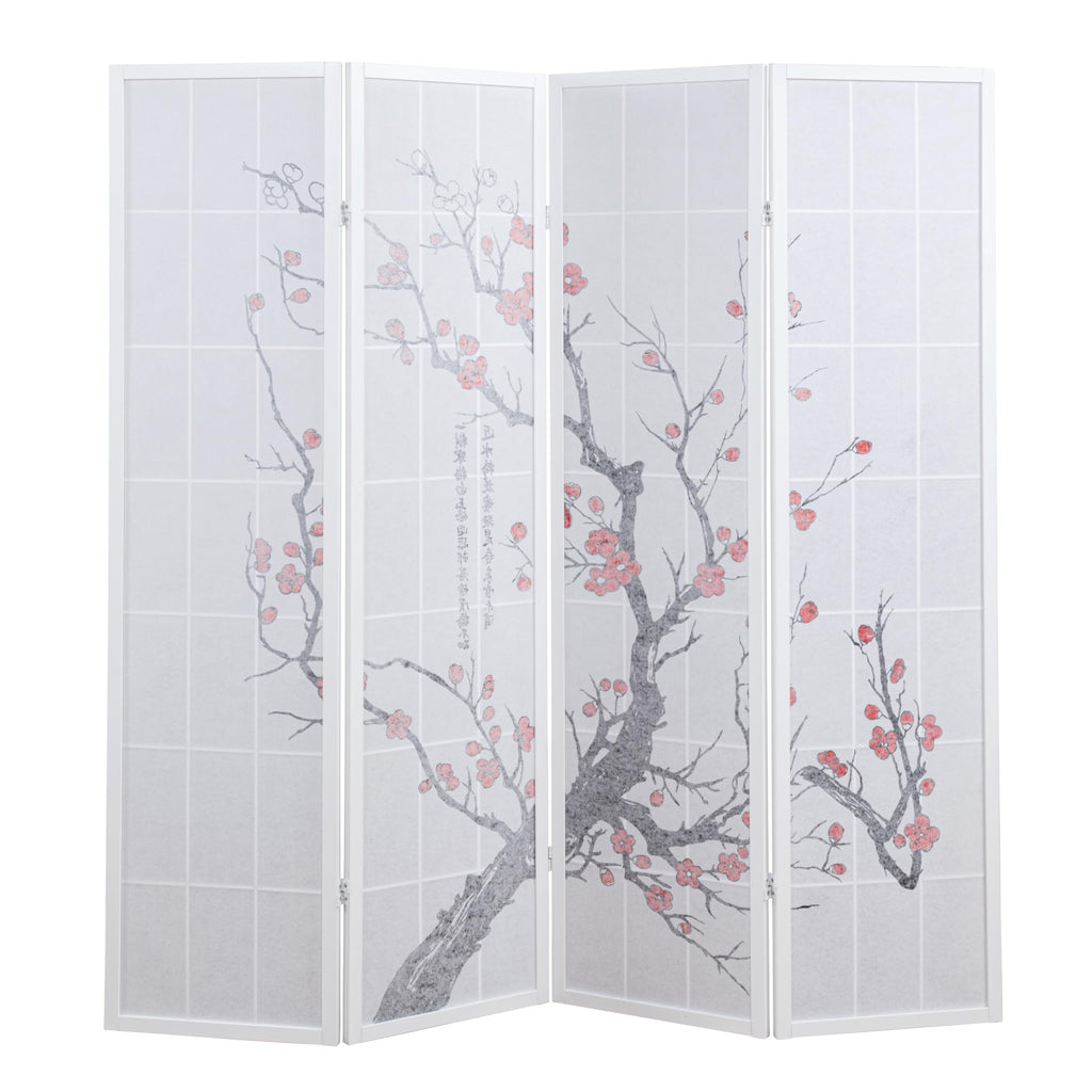 White Japanese 4-Panel Screen Room Divider, Plum Blossom