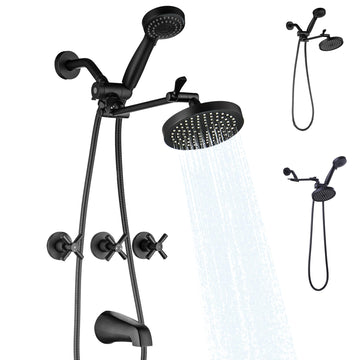 3 Handle Tub Shower Faucet Set Matte Black Three Knob Shower Faucet with Tub Spout and Adjustable Extension Shower
