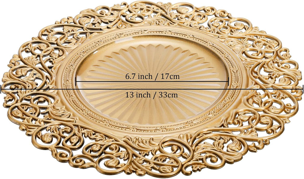 Gold Charger Plates, 13" Round Plastic Dinner Chargers, Decorative Hollowed Out Flowers Serving Plates - Set of 12