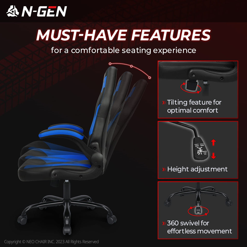 N-GEN Gaming Gaming Chair, Lumbar, PU Leather, Flip-Up Arms, Classic Blue