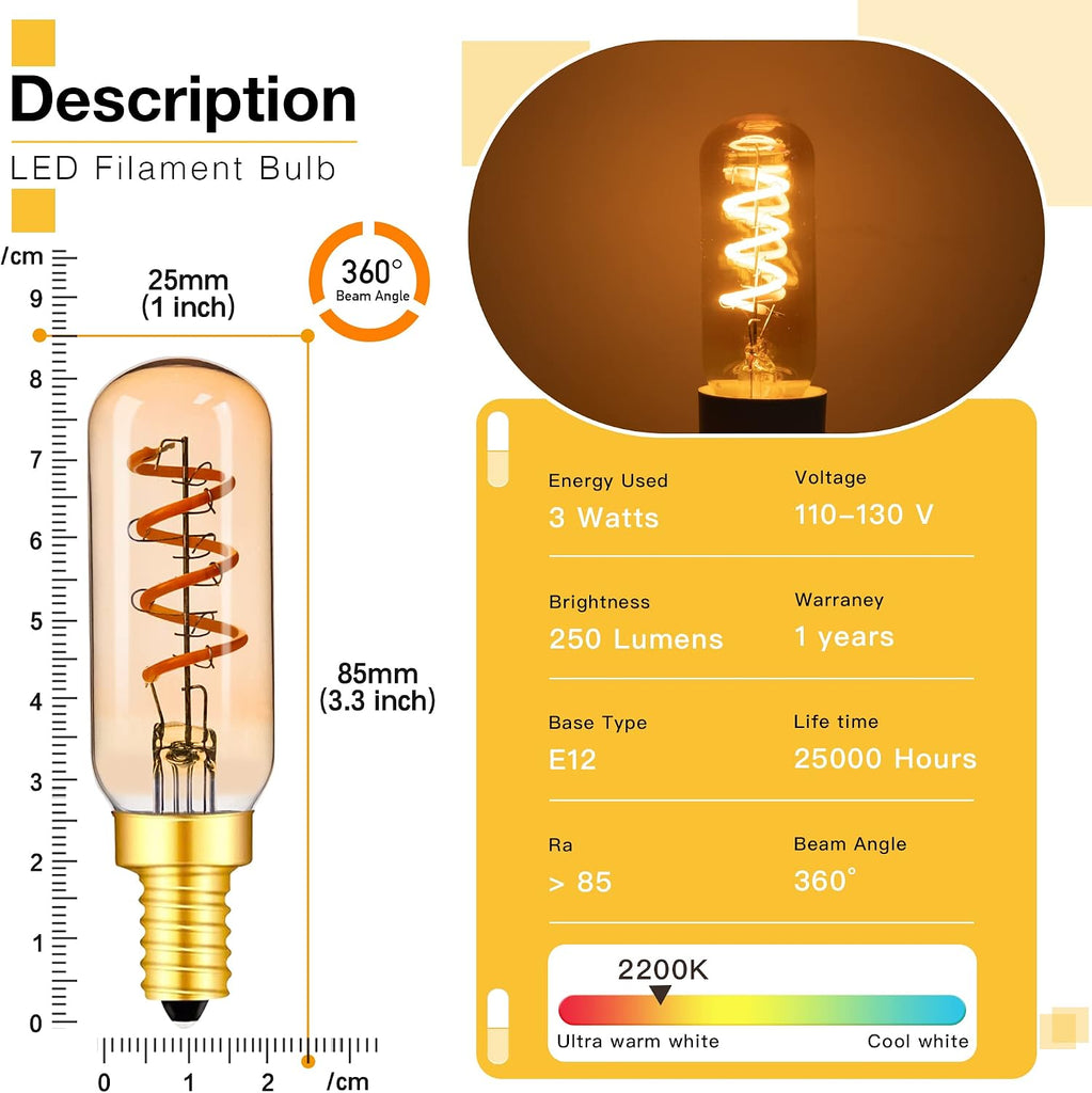 E12 25Watt Amber Light Bulbs,Low Wattage LED Filament Light Bulbs,2200K