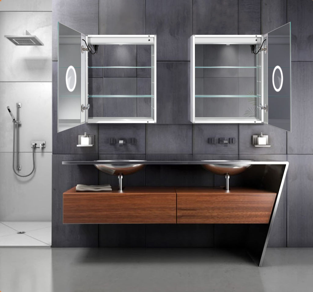LED Medicine Cabinet 24 Inch X 30 Inch | Recessed or Surface Mount Mirror Cabinet w/Dimmer & Defogger + 3X Makeup