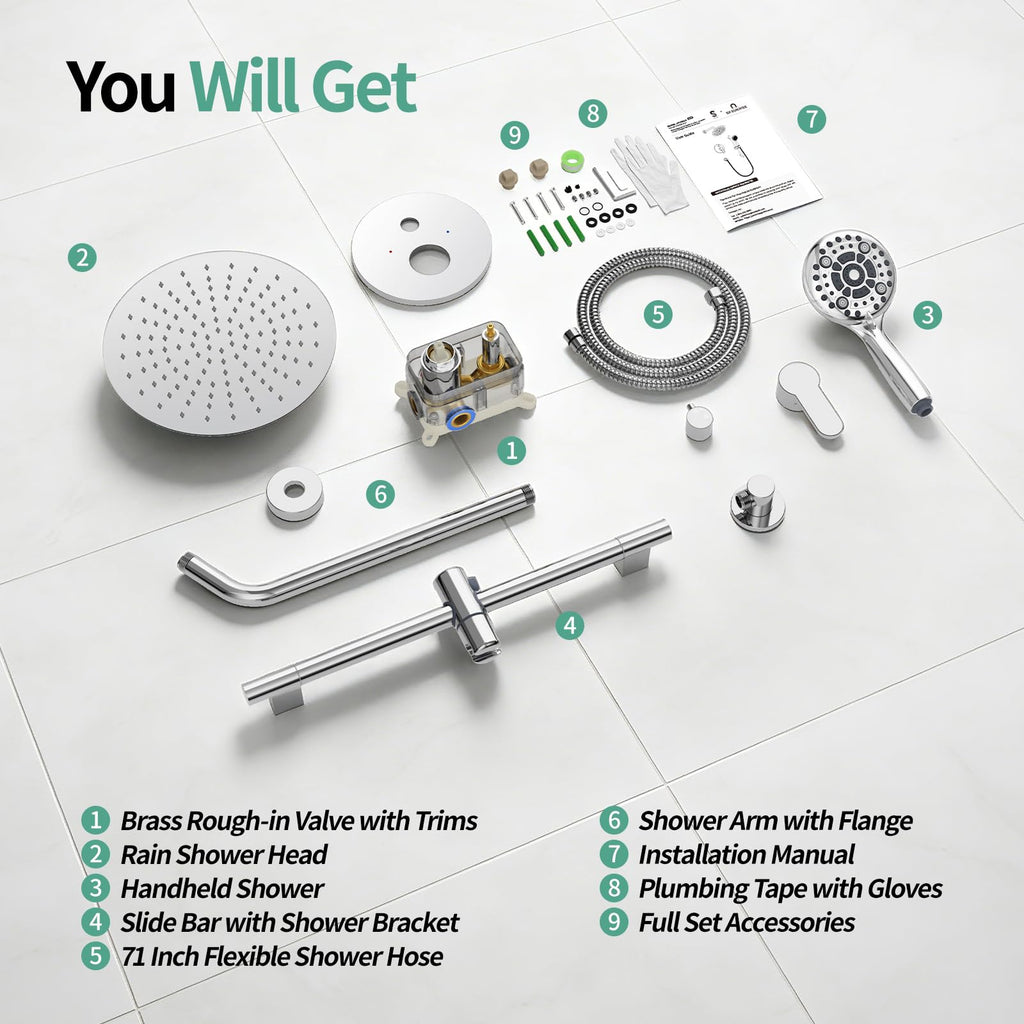10" Shower Faucet Set with Shower Slide Bar,Polished Chrome