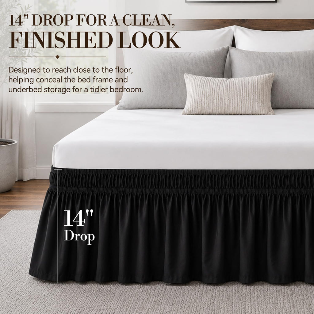 Black King Bed Skirt 14 Inch Drop, Elastic Wrap Dust Ruffle