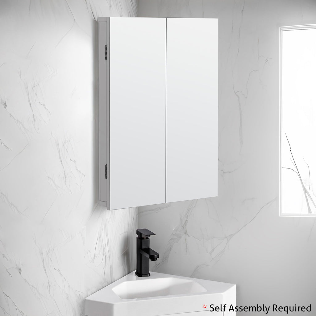 24" Bathroom Corner Medicine Cabinet W/Mirror, Double Doors Bathroom White Wall Mount Mirror Cabinet, Hanging Triple