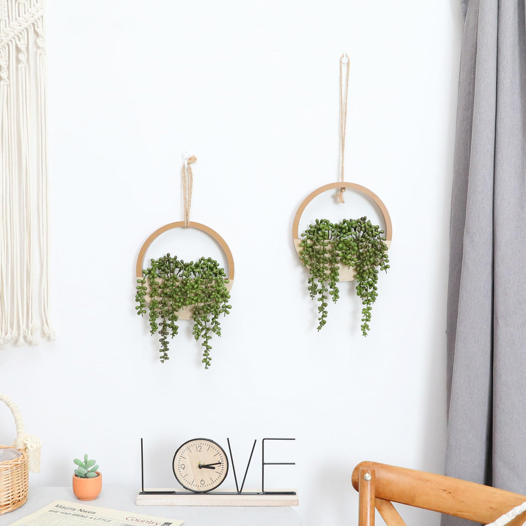 2pcs Artificial Succulents Hanging Plants 20.1'' Fake String of Pearls in Pot with 9.4'' Lanyard for Indoor Outdoor