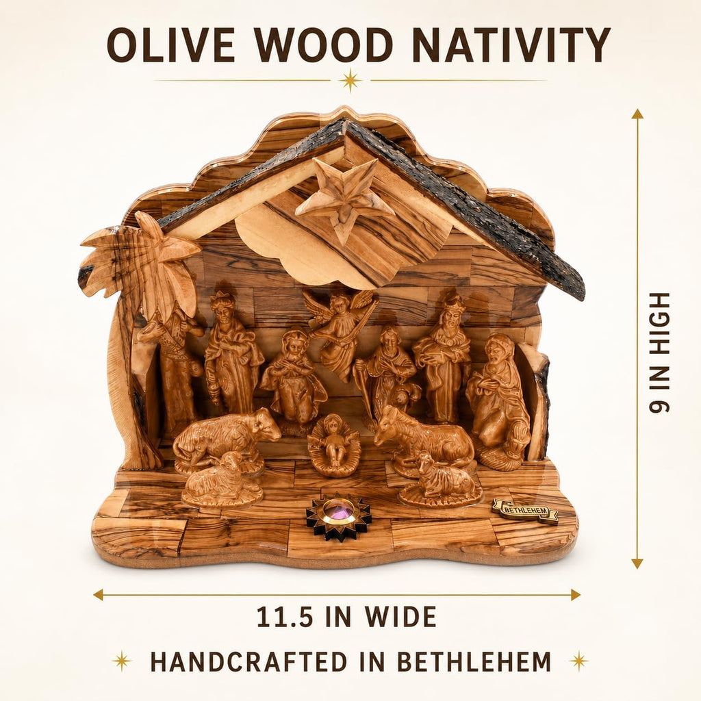 Olive Wood Nativity Set with Music Box - Hand Carved in Bethlehem | Holy Land Christmas Manger Scene | Religious Gift