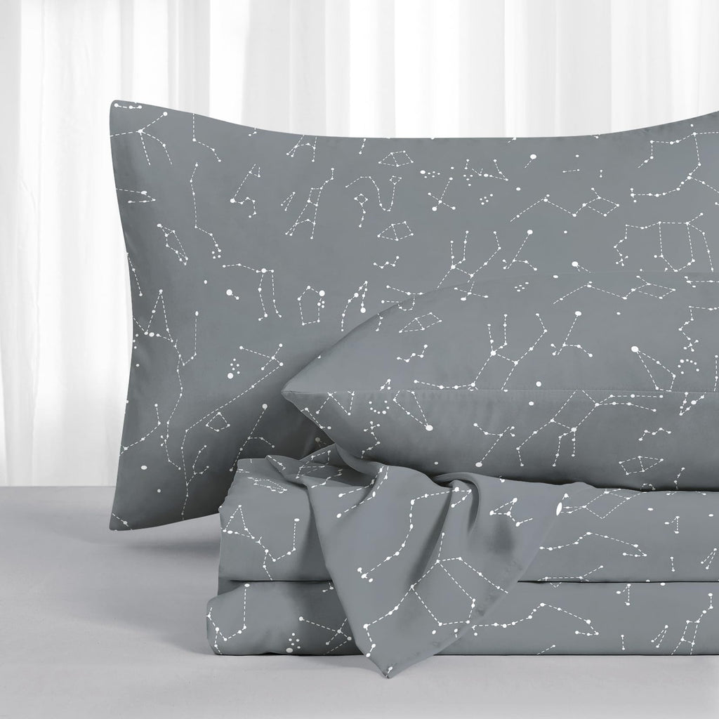 Constellation Bed Sheets, 4-Piece Sheet Set, Celestial Space Witchy Star Galaxy Astrology Bedding, Deep Pocket, Grey