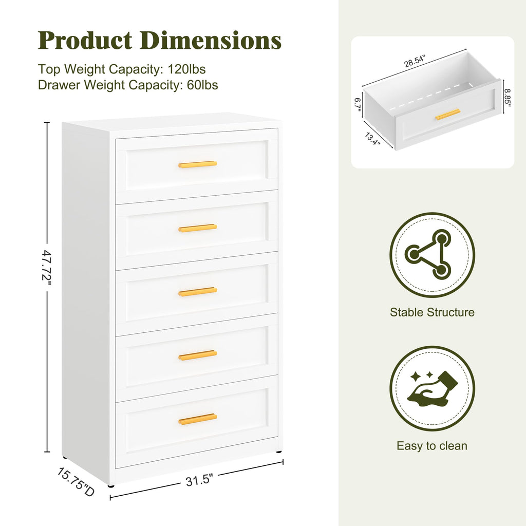 White Metal Dresser with 5 Spacious Drawers, Modern Chest of Drawers with Gold Handles, Metal Chest of Drawers