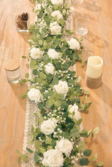 5.91FT Artificial Eucalyptus Garland with Flowers, Fake Flower Rose Gypsophila, Faux Floral Greenery Garland for