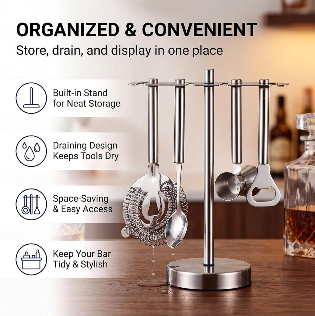4 Piece Bar Accessories with Stand Stainless Steel Bartender Kit Bar Cart Accessories Include Jigger, Strainer