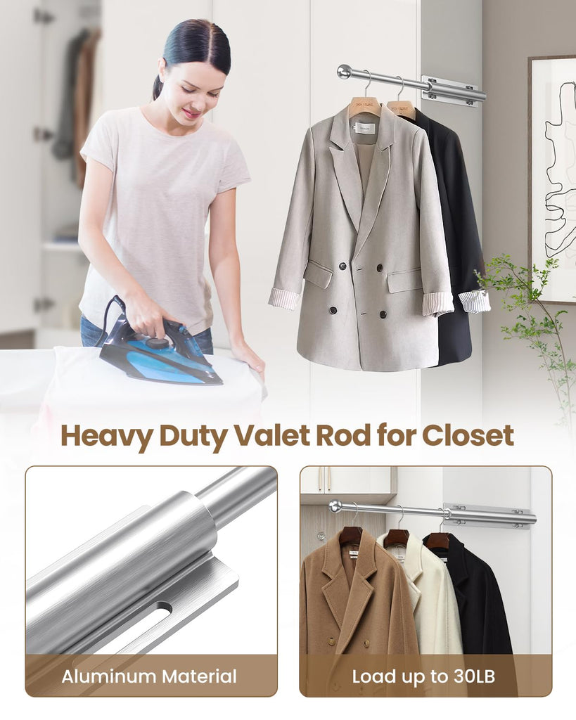 14" Valet Rod for Closet Pull Out for Wardrobes RV, Brushed Silver