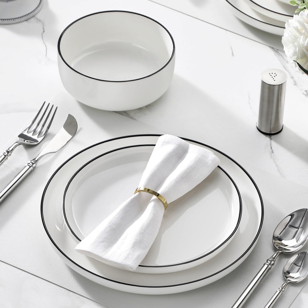 Plates and Bowls Sets, 12 Pieces Modern Porcelain Dinnerware Set for 4 White Kitchen Dinner Dining Ware Set wtih