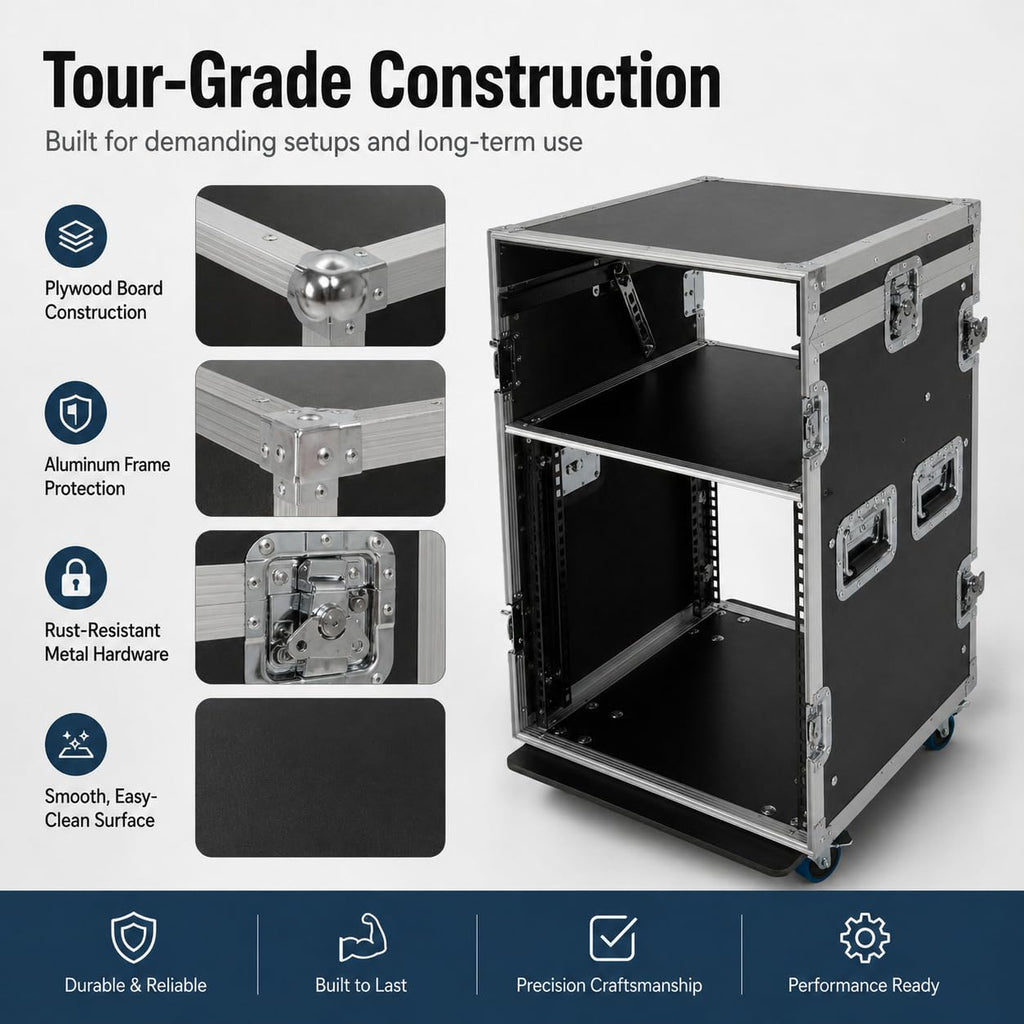 10U PA DJ Pro Audio Rack Road Case with Slant Mixer Top and Casters, DJ Mixer Rack, Pro Tour Grade