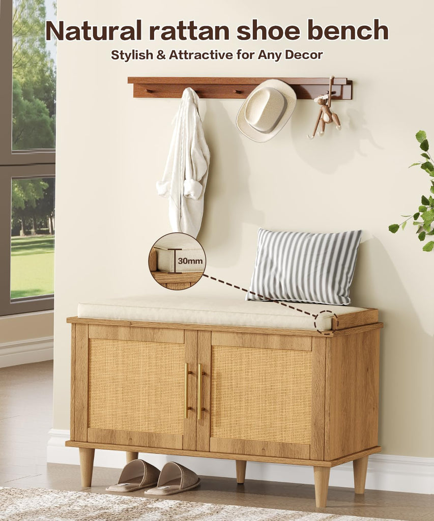 31.5" Rattan Shoe Storage Bench 2 Doors Wooden Entryway Bench Oak